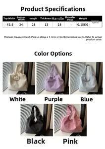 Detailed size guide and measurements for pleated shoulder bags in five vibrant colors
