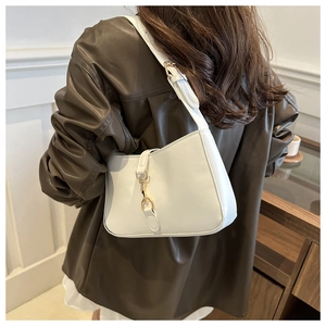 Minimalist white faux leather underarm bag with gold metal buckle for women