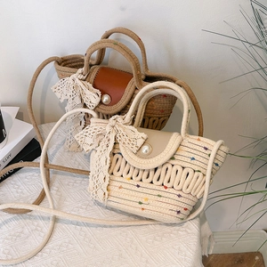 Women Woven Straw Shoulder Bag Lace Bow Artificial Pearl Button Sweet Pastoral Beach Crossbody Handbag Vacation