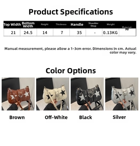 Detailed size chart and dimensions for the star pattern PU leather shoulder underarm bag