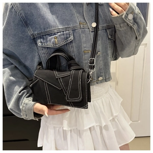 Retro denim patchwork small square bag with contrast stitching and adjustable strap