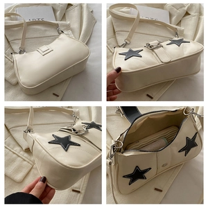 Détails du sac porté épaule crème avec motifs d'étoiles et fermeture à glissière