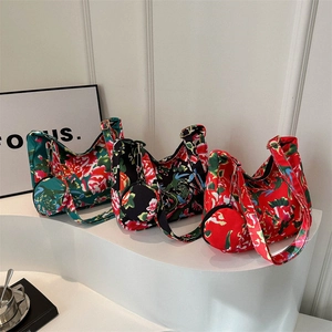 Women Shoulder Bag Floral Print Nylon Canvas Hobo Bag With Matching Mini Round Coin Pouch Adjustable Strap Ethnic Style
