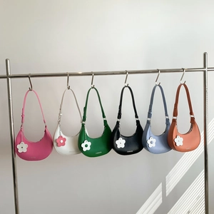 Women Half Moon Underarm Hobo Bag PU Leather Simple Candy Color With Flower Pendant Adjustable Strap Daily Fashion