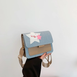 Denim patchwork crossbody bag with star patch and wide strap, 2024 summer trendy style