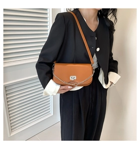 Detailed view of brown leather crossbody bag with silver clasp and metal chain link