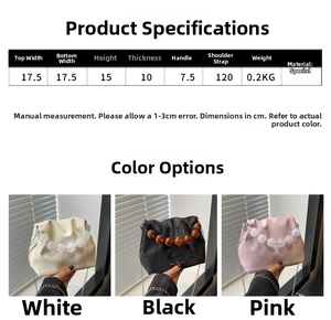 Detailed size specifications for the beaded bucket bag featuring width height and strap length