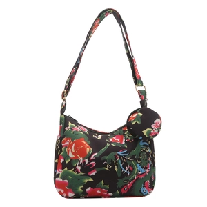 Floral print shoulder bag with red flowers and green dragon on black fabric