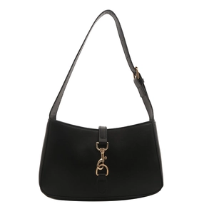 Classic black half-moon shoulder bag with golden piston clasp and adjustable strap