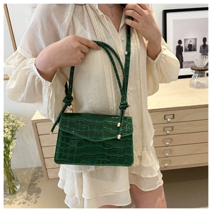 Detail of dark green crocodile texture small crossbody bag with knotted handle and gold buckle