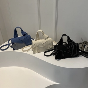 Patchwork Denim Canvas Crossbody Bag Contrast Stitching Knotted Handle Deconstructed Shoulder Handbag For Women