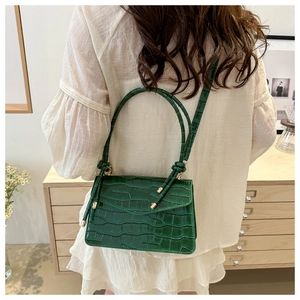 Detailed macro of dark green crocodile texture and gold hardware on a shoulder bag