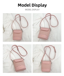 Sac seau rose vu sous quatre angles avec motifs géométriques et fine bandoulière réglable