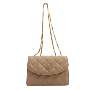 Quilted beige crossbody bag with gold diamond turn-lock and chain strap for women