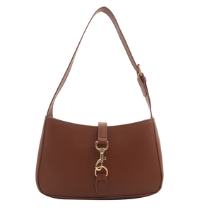 Caramel brown leather shoulder bag with gold metal buckle and curved hobo design