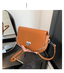Close-up of brown crossbody bag with silver metal ring buckle and chain strap