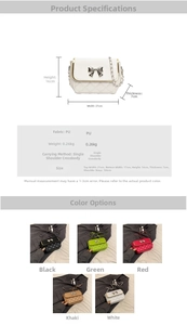 Detailed size chart and multi-color options for the quilted bow crossbody bag