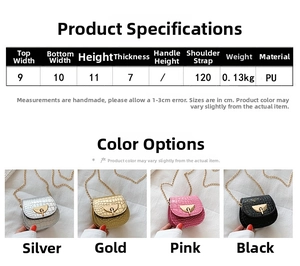 Size chart showing mini crocodile pattern saddle bag dimensions and metallic colors