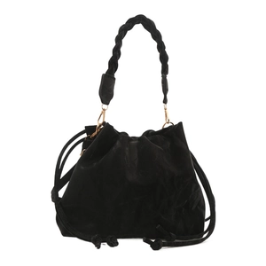 Elegant black velvet drawstring bucket bag with a unique woven handle and gold hardware