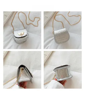 Detail shots of silver crocodile pattern mini bag with chain strap and metallic clasp
