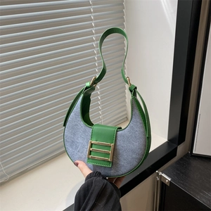Retro blue crescent shoulder bag with green leather trim and golden metal buckle
