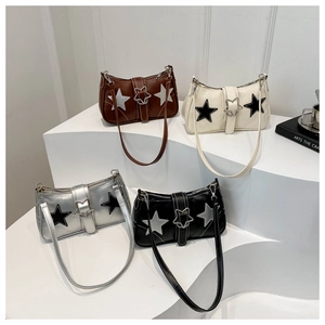 Retro shoulder bags with star appliques in brown, off-white, silver, and black colors