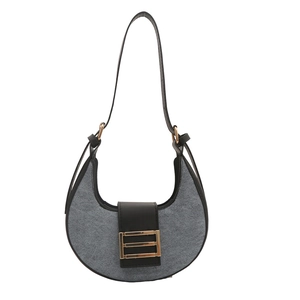 Retro grey felt crescent shoulder bag with black leather trim and gold buckle