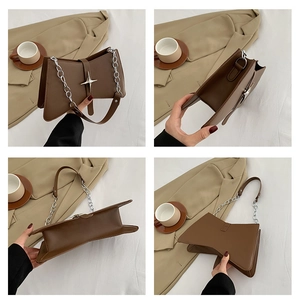 Détails du sac en cuir marron avec boucle étoile, chaîne et profil latéral élégant