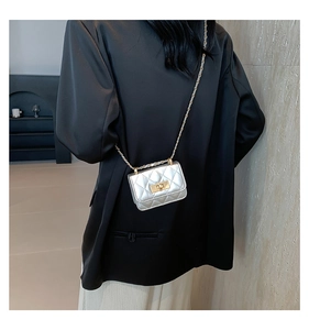 Detail shot of silver quilted mini bag with gold twist lock on a black blazer