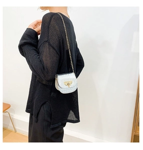 Detail of silver crocodile pattern mini chain bag with metallic texture and gold buckle