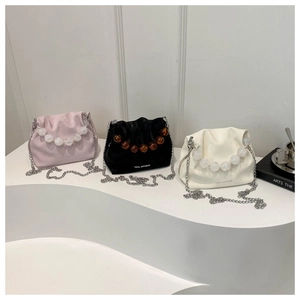 Soft PU cloud bucket bags in pink black and white with crystal bead handle and chain