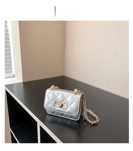 Detail of silver quilted mini crossbody bag with gold chain strap and twist lock