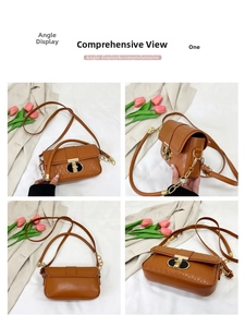 Gesteppte braune Handtasche aus Kunstleder mit goldenem T-Verschluss in vier Ansichten