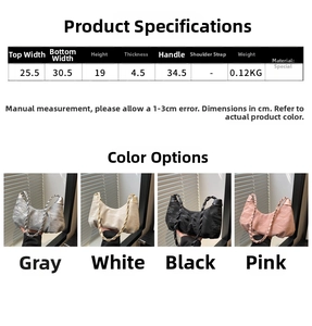 Detailed size chart and color options for the women's braided strap underarm handbag
