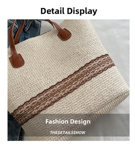 Close-up of woven straw tote bag with brown leather handles and lace decoration