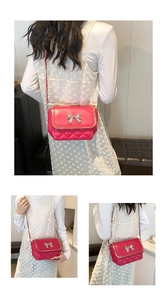 Multiple views of magenta quilted crossbody bag with silver bow accent and chain strap