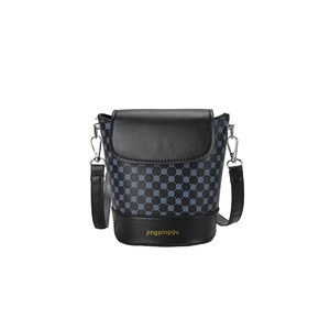 Sac seau rétro imprimé en cuir bleu et noir avec bandoulière amovible réglable