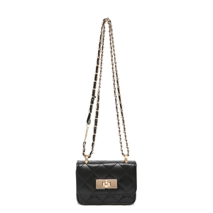 Classic black quilted crossbody bag with golden twist lock and chain strap on white background