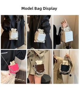 Collage of chic solid color bucket bags with drawstring liners and metal chain straps