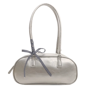 Chic silver PU leather bowling bag with long handles and blue gingham ribbon detail