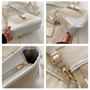 Detail shots of the patchwork crossbody bag featuring gold hardware and zipper closure