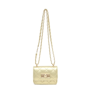 Champagne gold quilted mini crossbody bag with chain strap and metallic twist lock closure