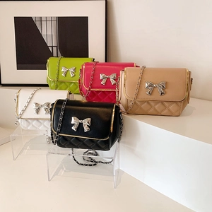 Women Diamond Quilted Crossbody Bag With Metallic Bow PU Leather Small Square Shoulder Purse Chain Strap Trendy Handbag
