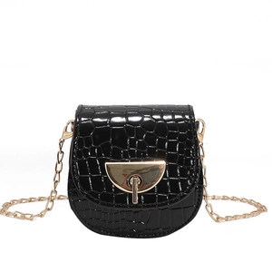 Chic black mini saddle bag with stone pattern texture and gold chain strap on white background