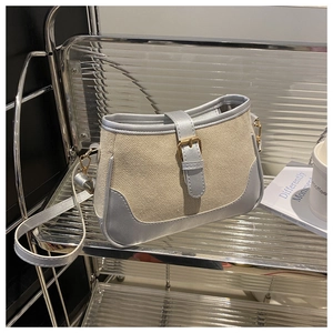 Detail of canvas shoulder bag with silver leather trim and gold buckle on a stylish shelf