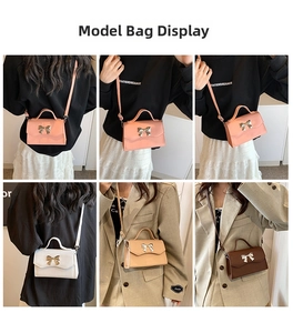 Detailed views of women's crossbody bags in four colors with metal bow buckle
