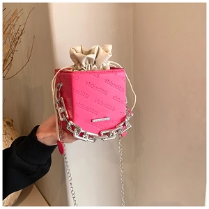 Close-up of fuchsia box bag with embossed rich rabbit text and silver chain handle