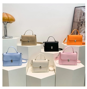 Detailed view of structured mini crossbody bags in various colors with metallic clasp