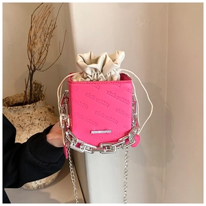 Pink mini bucket bag with rich rabbit embossed pattern and chunky silver chain