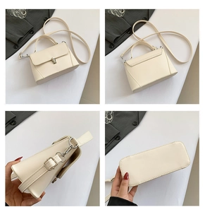 Four views of cream leather crossbody bag showing metal buckle and stitching details